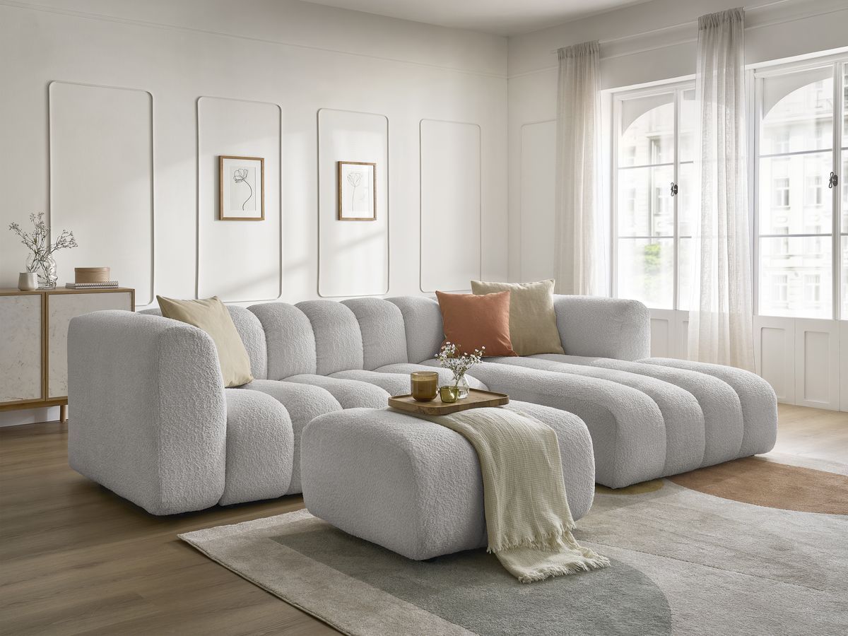 Canapé d'angle fixe TALIA tissu bouclette avec pouf - Angle droit