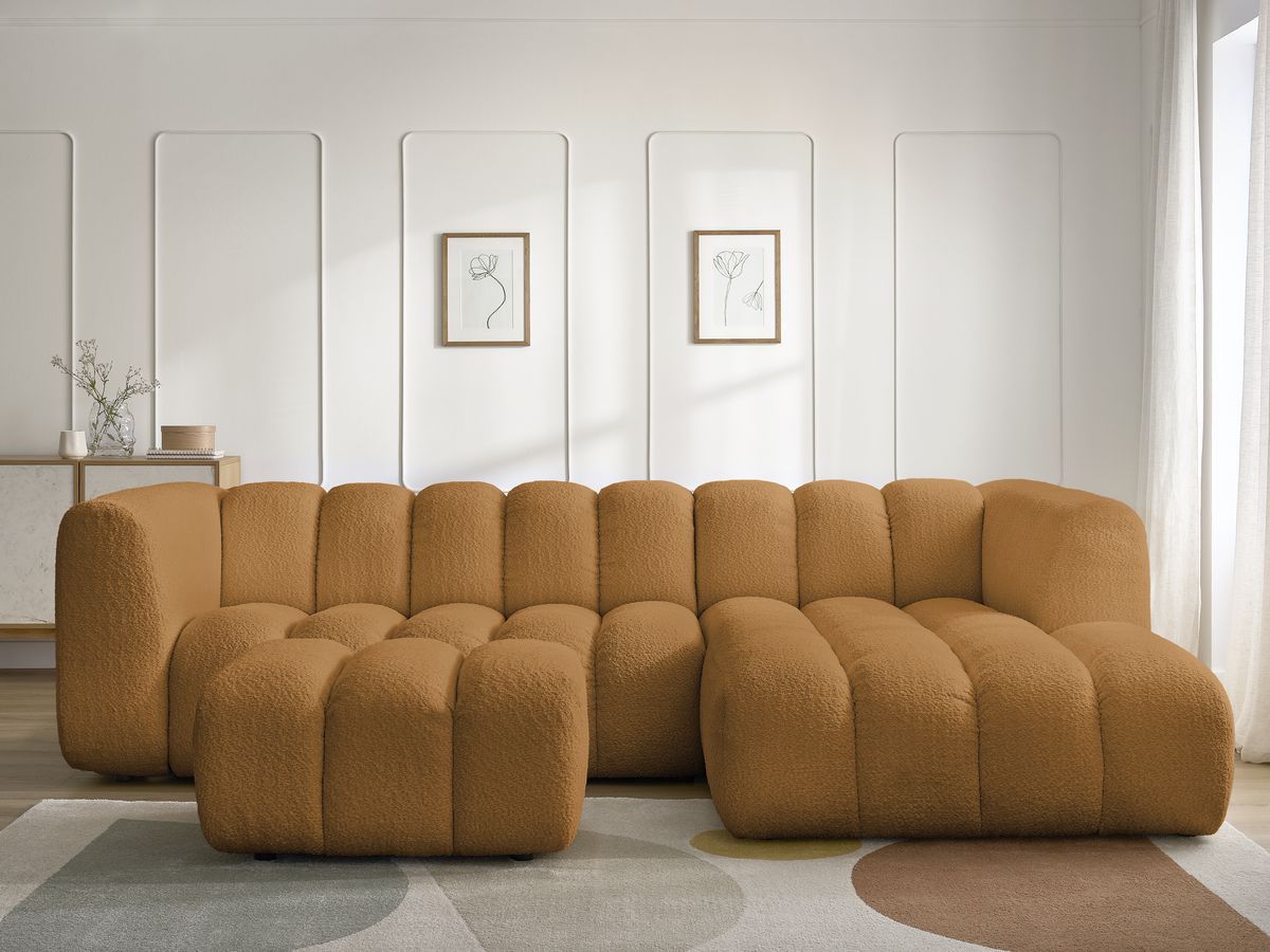 Canapé d'angle fixe TALIA tissu bouclette avec pouf - Angle droit