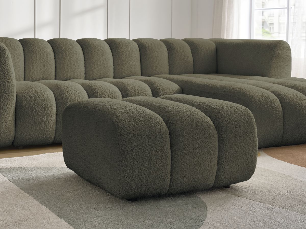 Canapé d'angle fixe TALIA tissu bouclette avec pouf - Angle droit
