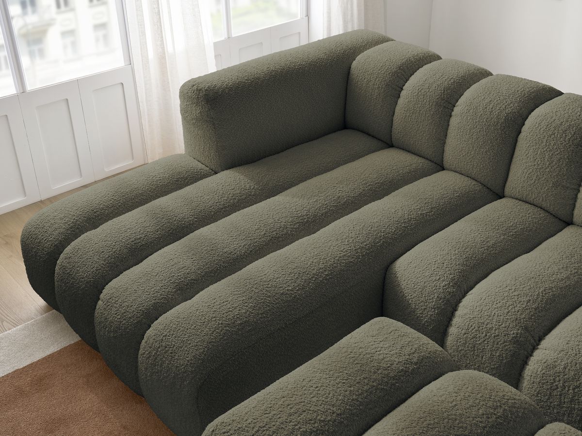 Canapé d'angle fixe TALIA tissu bouclette avec pouf - Angle gauche