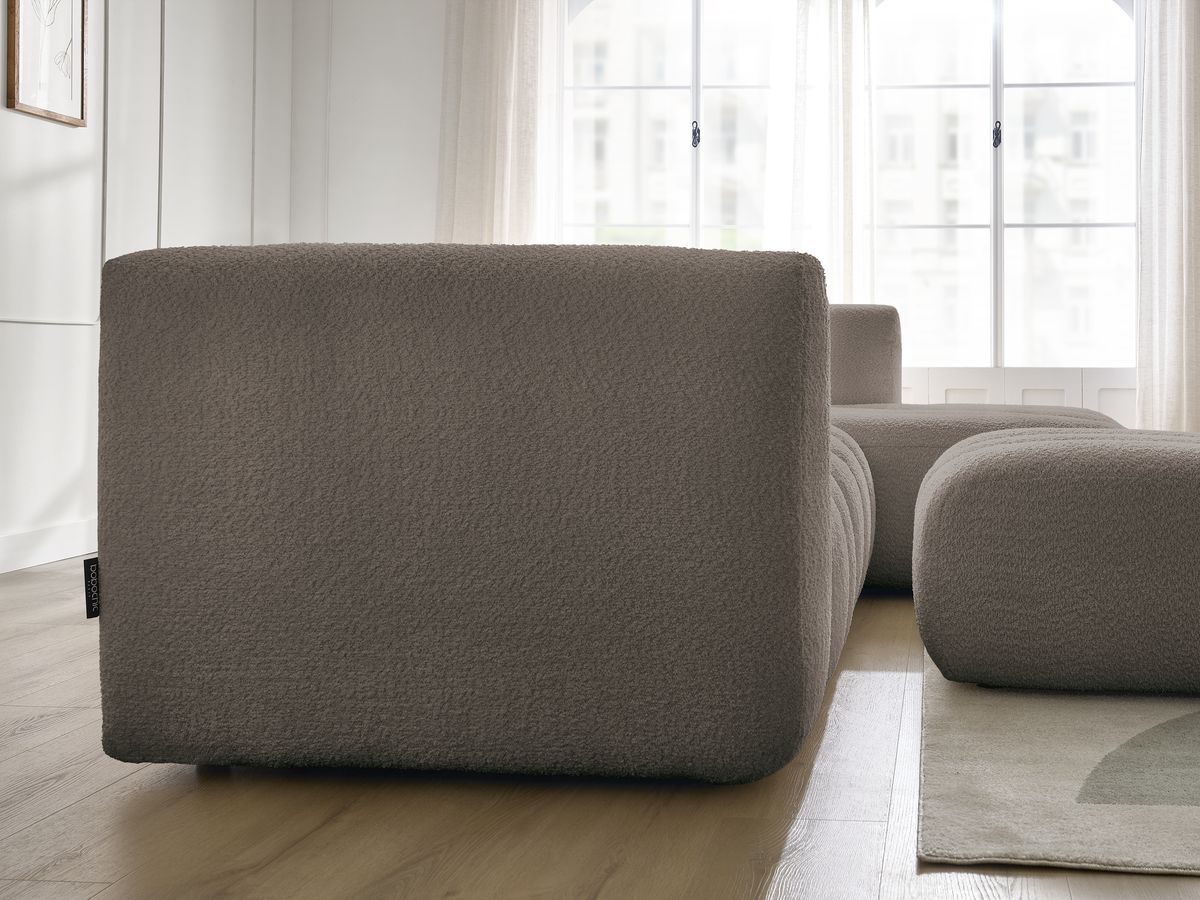 Canapé d'angle fixe TALIA tissu bouclette avec pouf - Angle droit