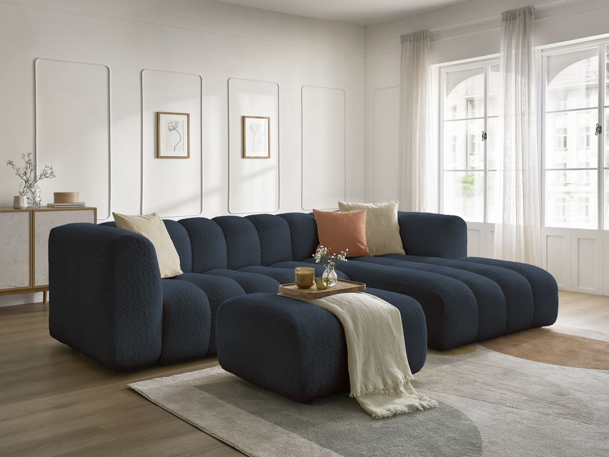Canapé d'angle fixe TALIA tissu bouclette avec pouf - Angle droit