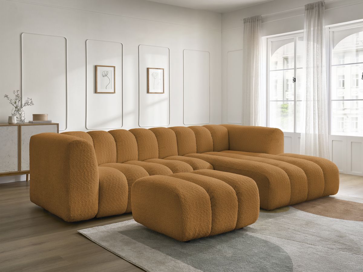 Canapé d'angle fixe TALIA tissu bouclette avec pouf - Angle droit