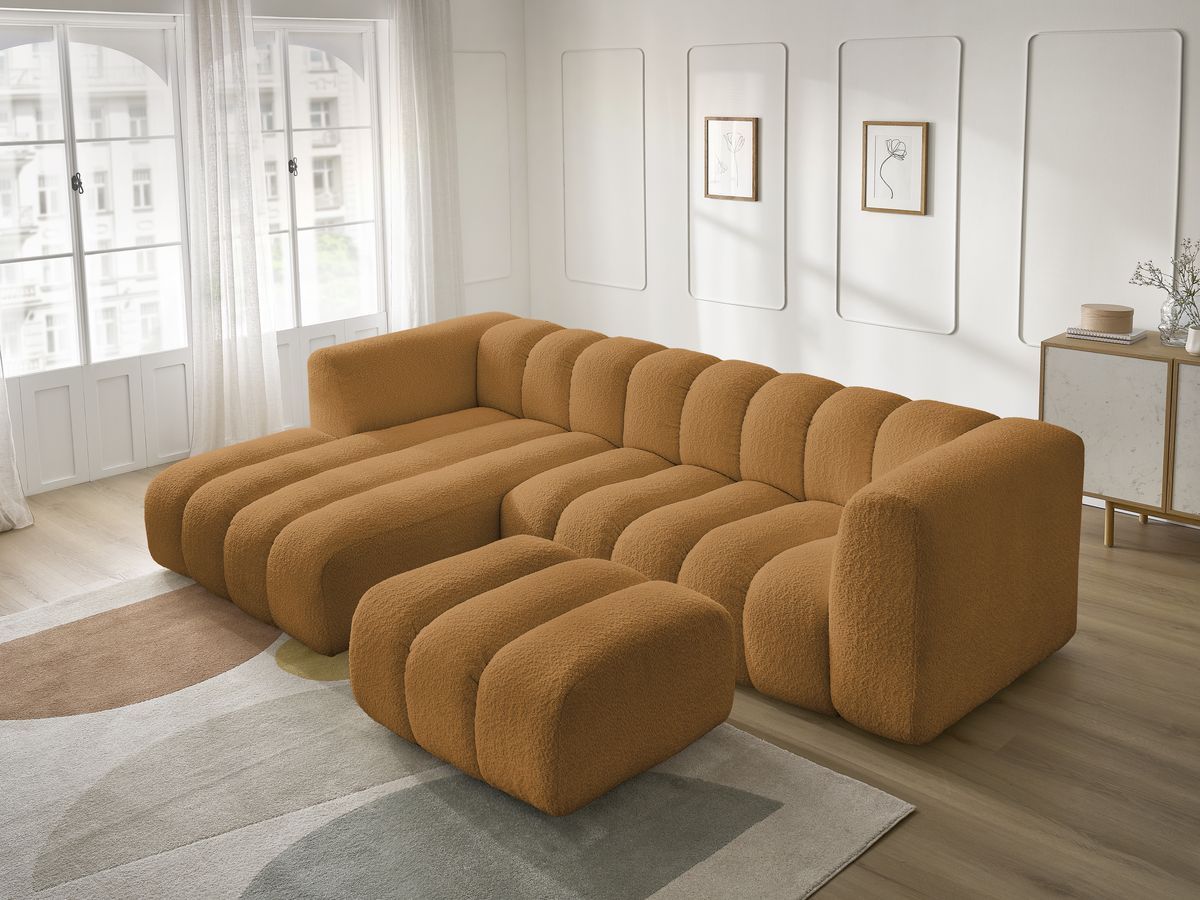 Canapé d'angle fixe TALIA tissu bouclette avec pouf - Angle gauche