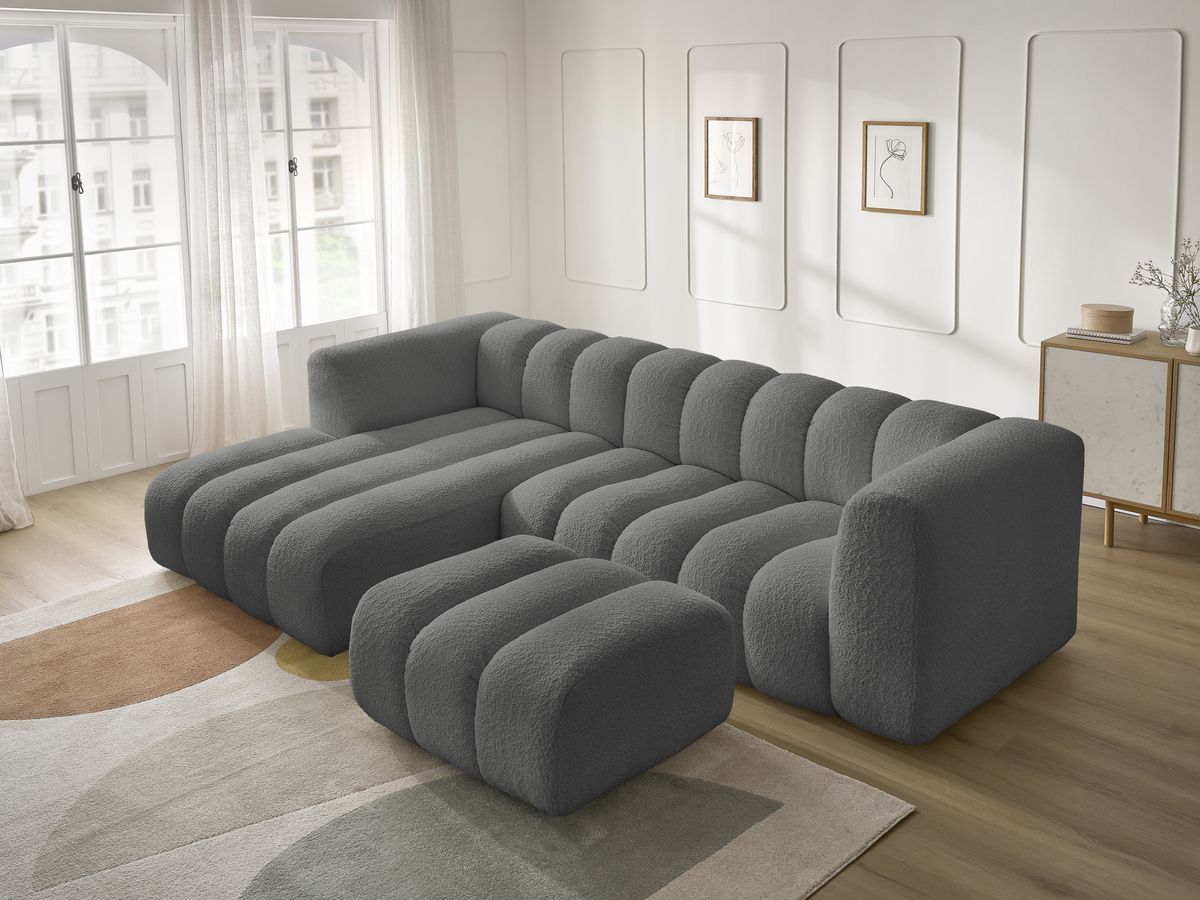 Canapé d'angle fixe TALIA tissu bouclette avec pouf - Angle gauche