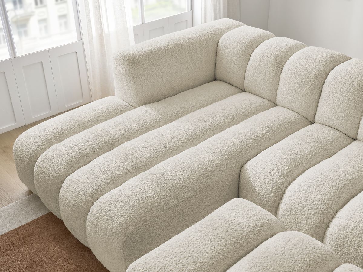 Canapé d'angle fixe TALIA tissu bouclette avec pouf - Angle gauche