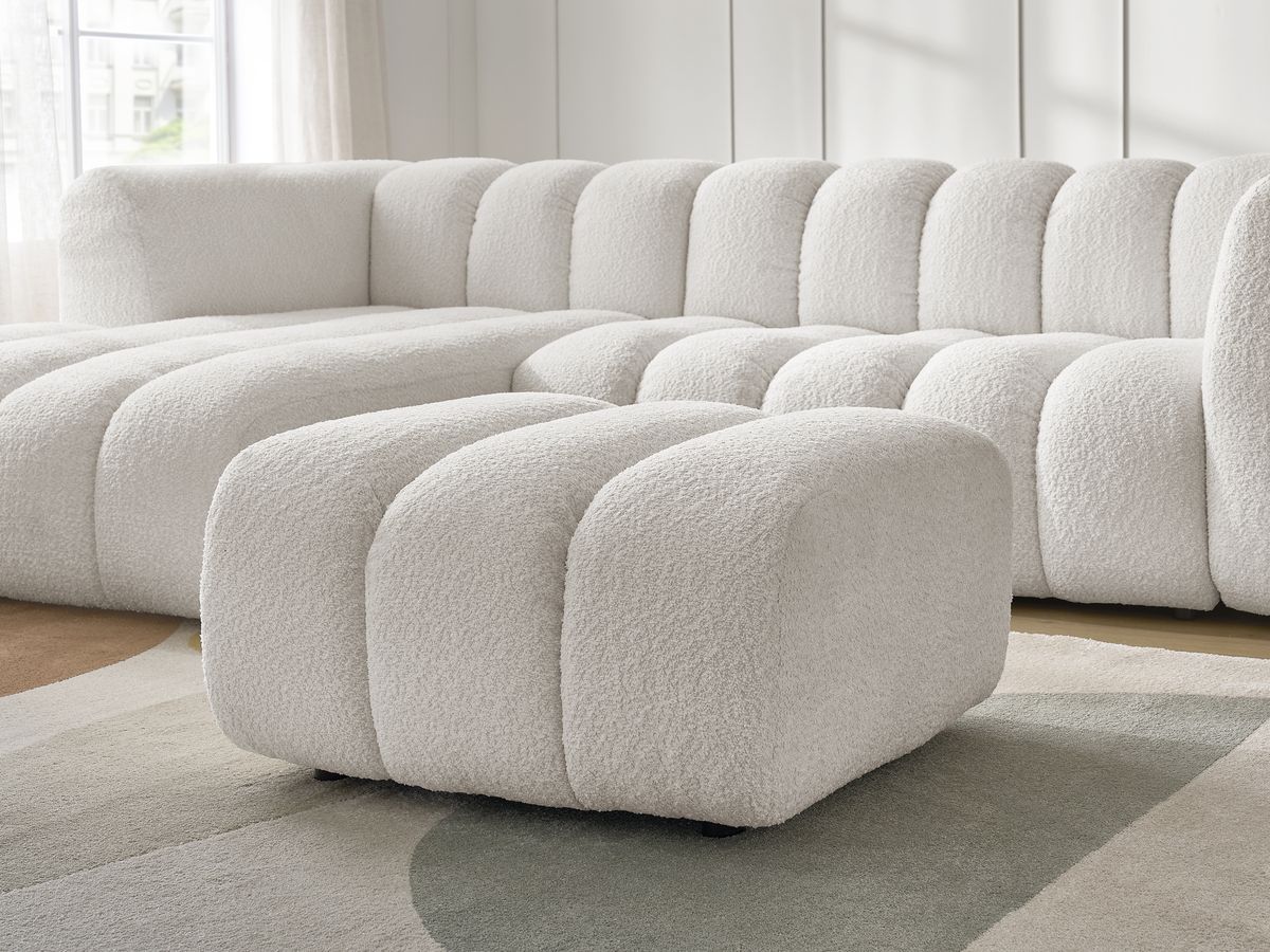 Canapé d'angle fixe TALIA tissu bouclette avec pouf - Angle gauche