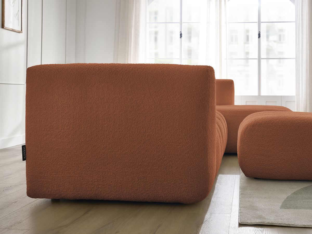 Canapé d'angle fixe TALIA tissu bouclette avec pouf - Angle droit