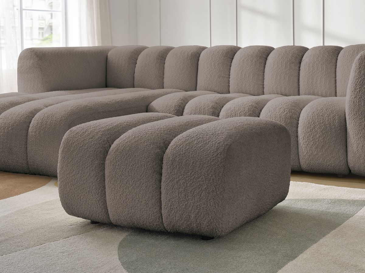 Canapé d'angle fixe TALIA tissu bouclette avec pouf - Angle gauche