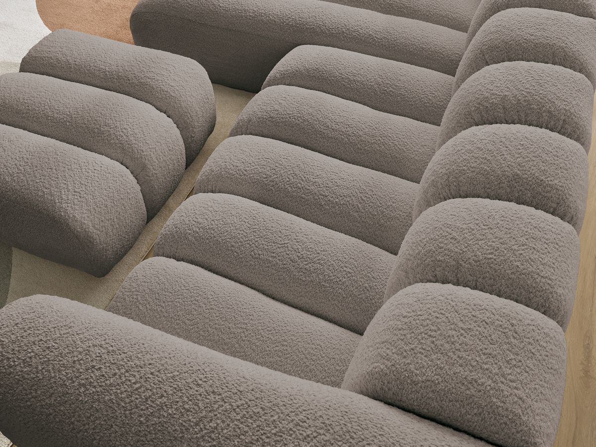 Canapé d'angle fixe TALIA tissu bouclette avec pouf - Angle gauche