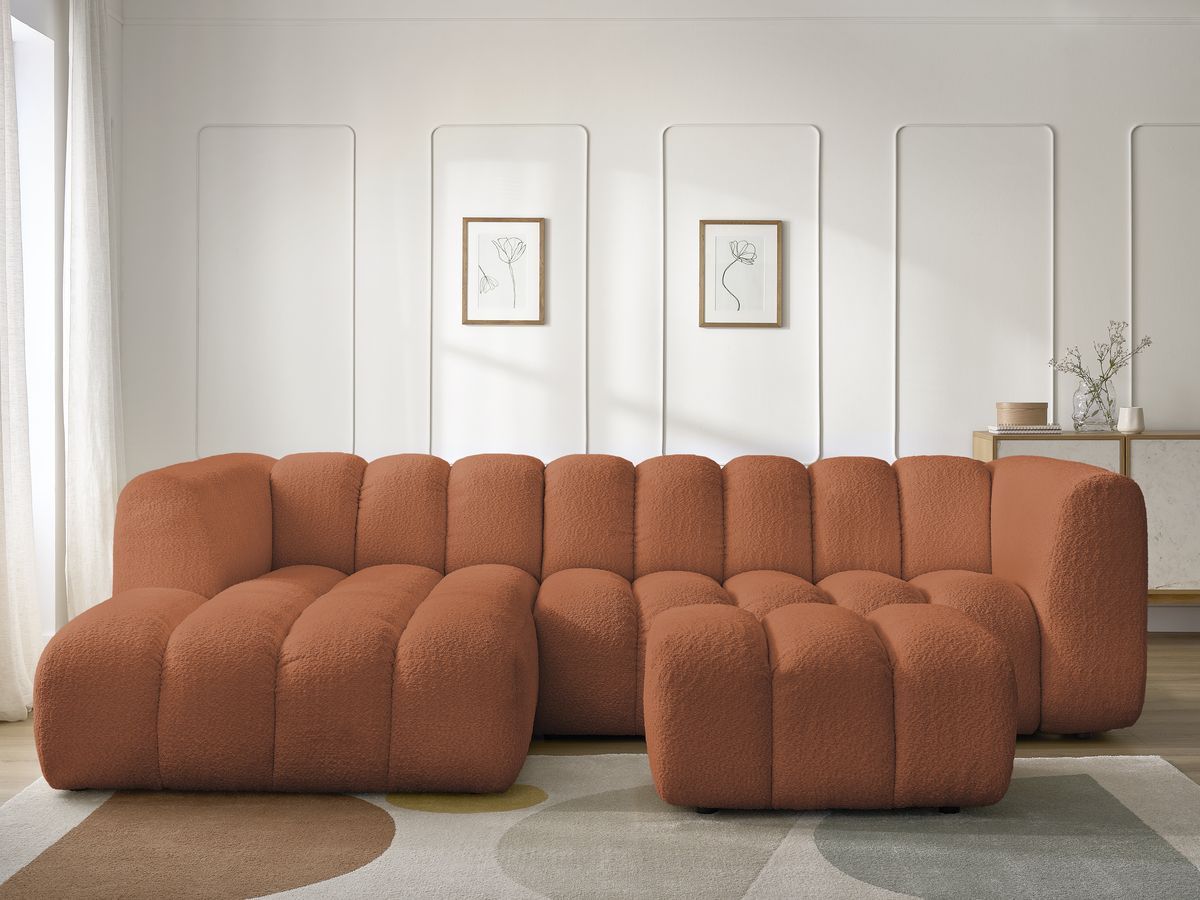 Canapé d'angle fixe TALIA tissu bouclette avec pouf - Angle gauche