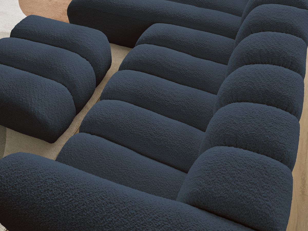 Canapé d'angle fixe TALIA tissu bouclette avec pouf - Angle gauche