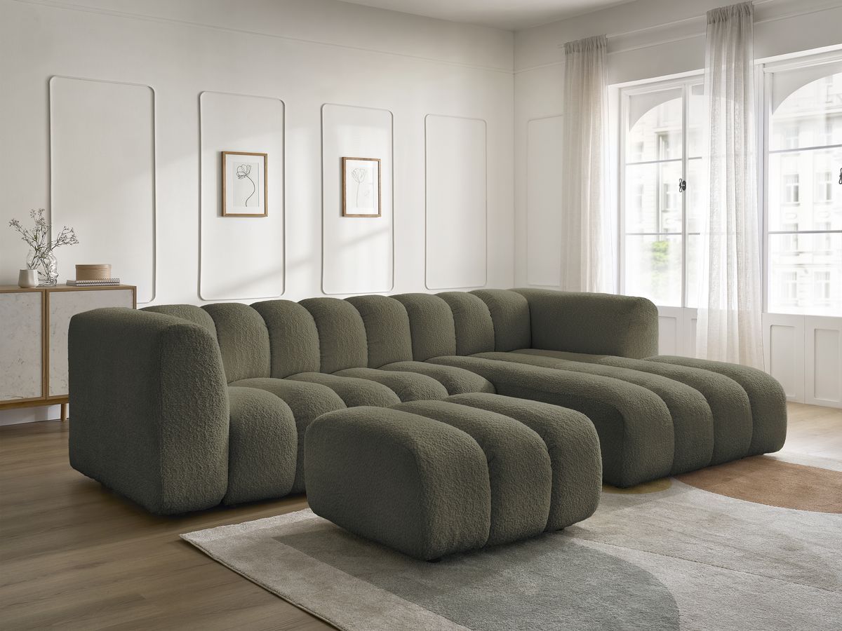 Canapé d'angle fixe TALIA tissu bouclette avec pouf - Angle droit