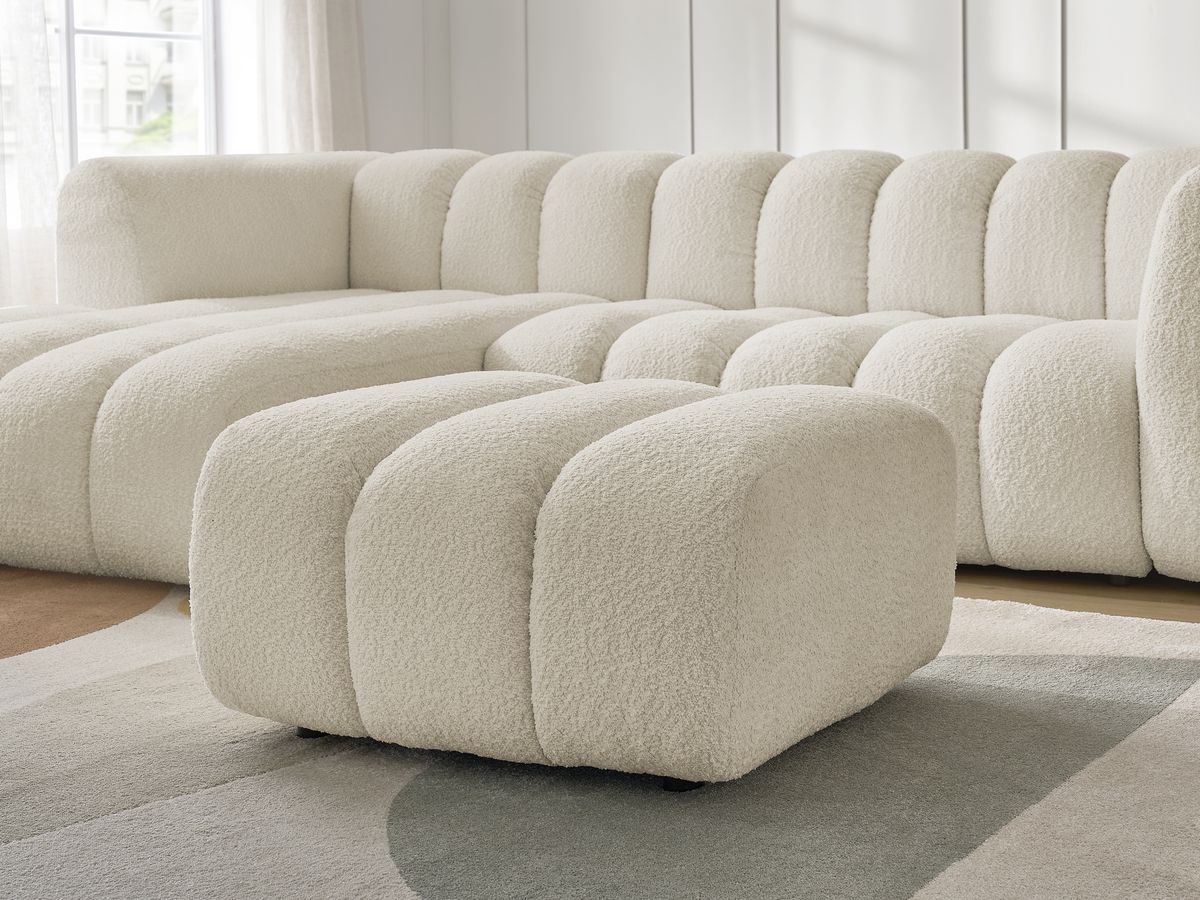 Canapé d'angle fixe TALIA tissu bouclette avec pouf - Angle gauche