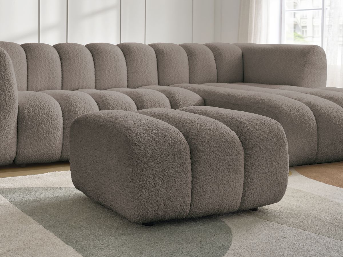 Canapé d'angle fixe TALIA tissu bouclette avec pouf - Angle droit