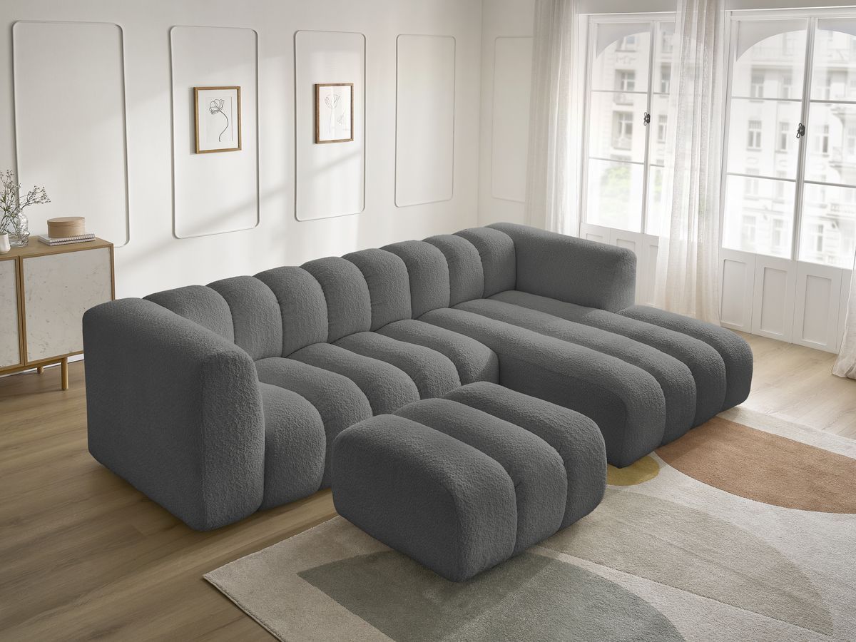 Canapé d'angle fixe TALIA tissu bouclette avec pouf - Angle droit