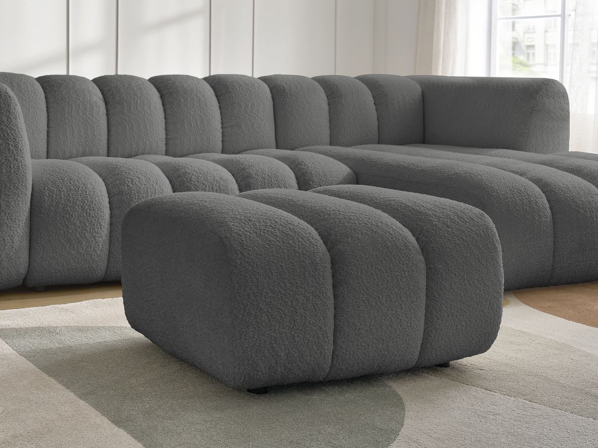 Canapé d'angle fixe TALIA tissu bouclette avec pouf - Angle droit