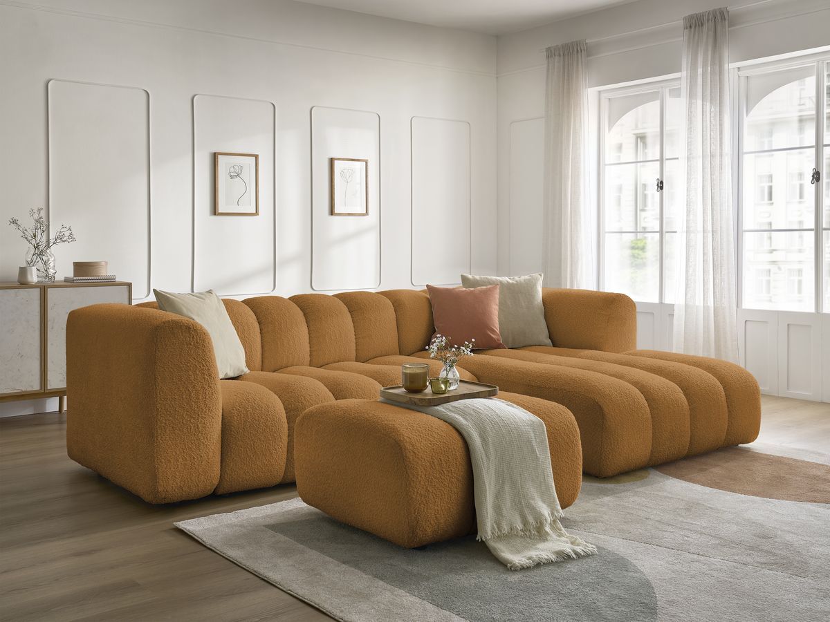 Canapé d'angle fixe TALIA tissu bouclette avec pouf - Angle droit