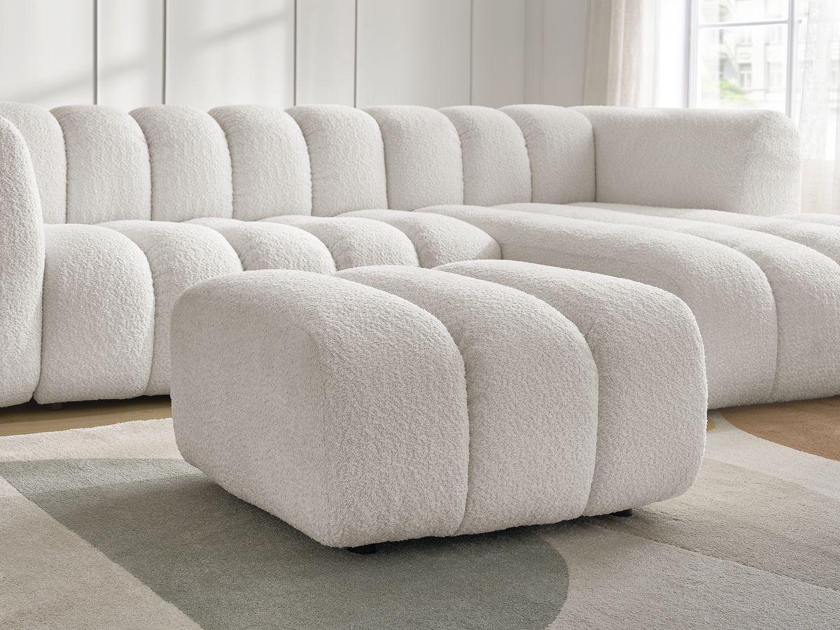 Canapé d'angle fixe TALIA tissu bouclette avec pouf - Angle droit