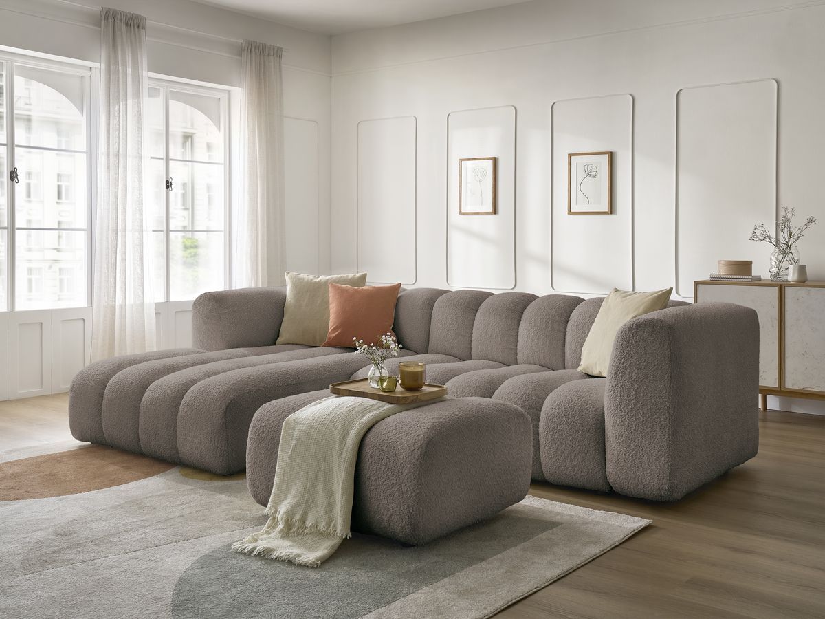 Canapé d'angle fixe TALIA tissu bouclette avec pouf - Angle gauche