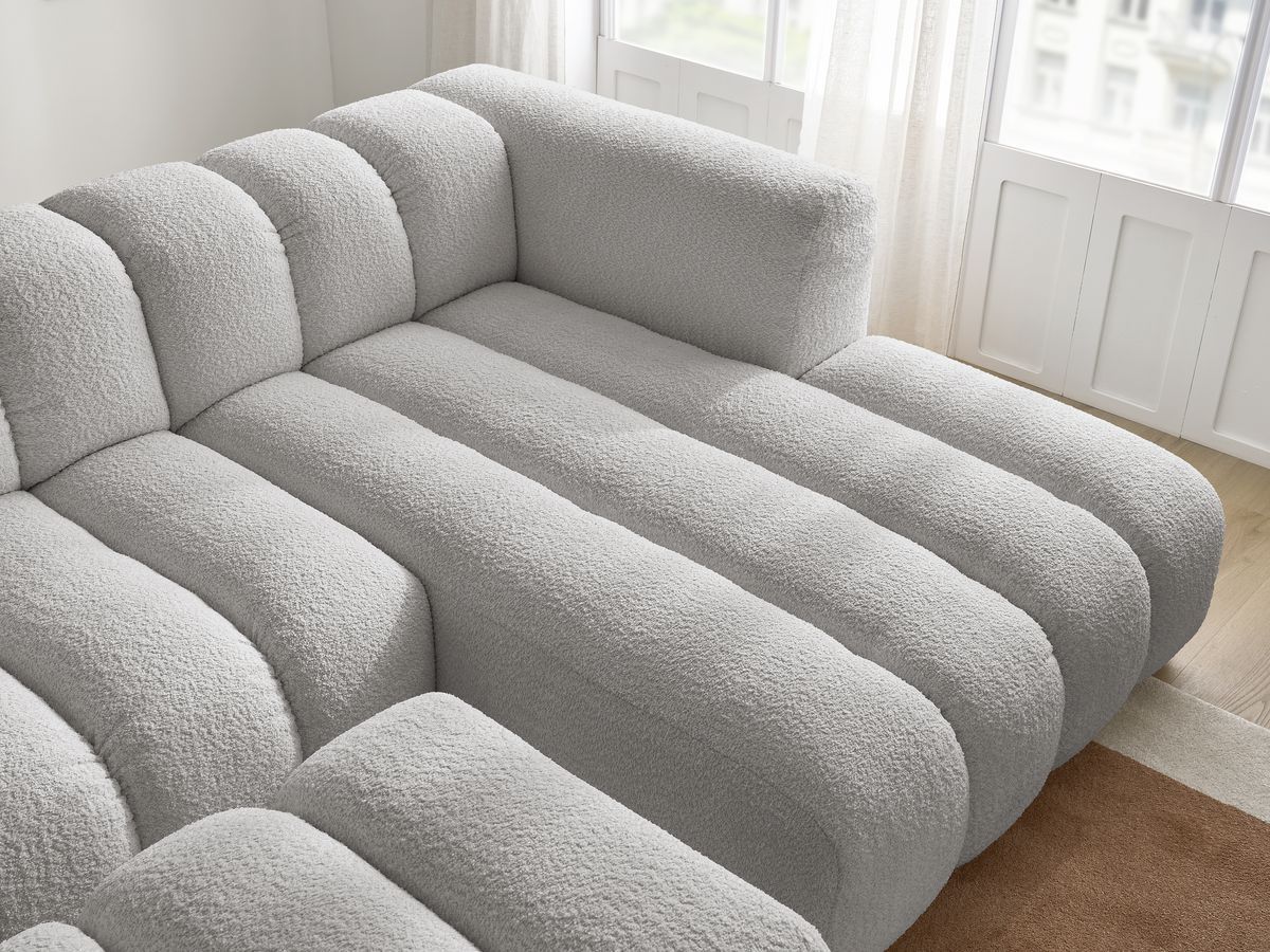 Canapé d'angle fixe TALIA tissu bouclette avec pouf - Angle droit