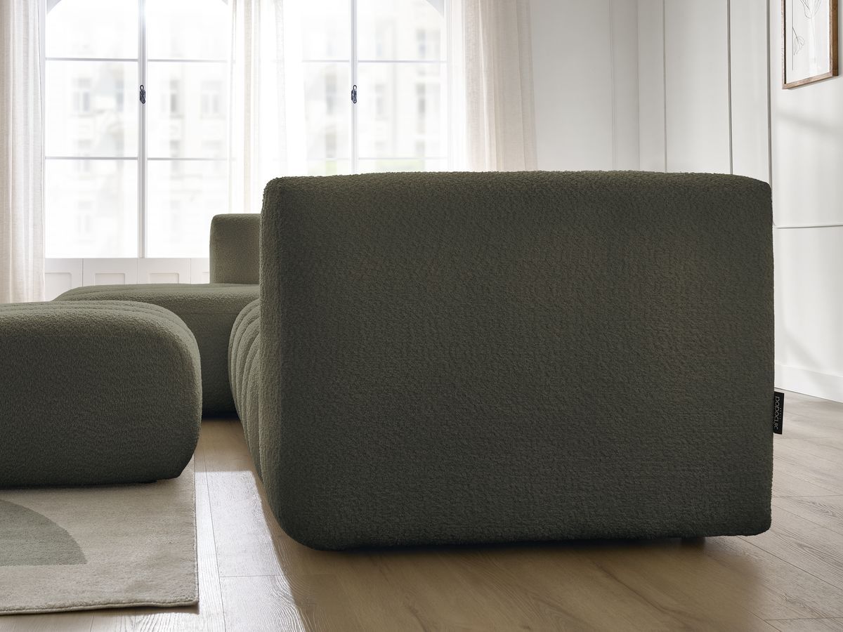 Canapé d'angle fixe TALIA tissu bouclette avec pouf - Angle gauche