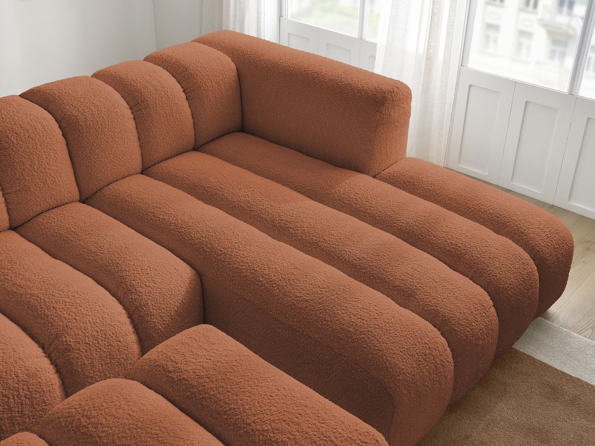 Canapé d'angle fixe TALIA tissu bouclette avec pouf - Angle droit