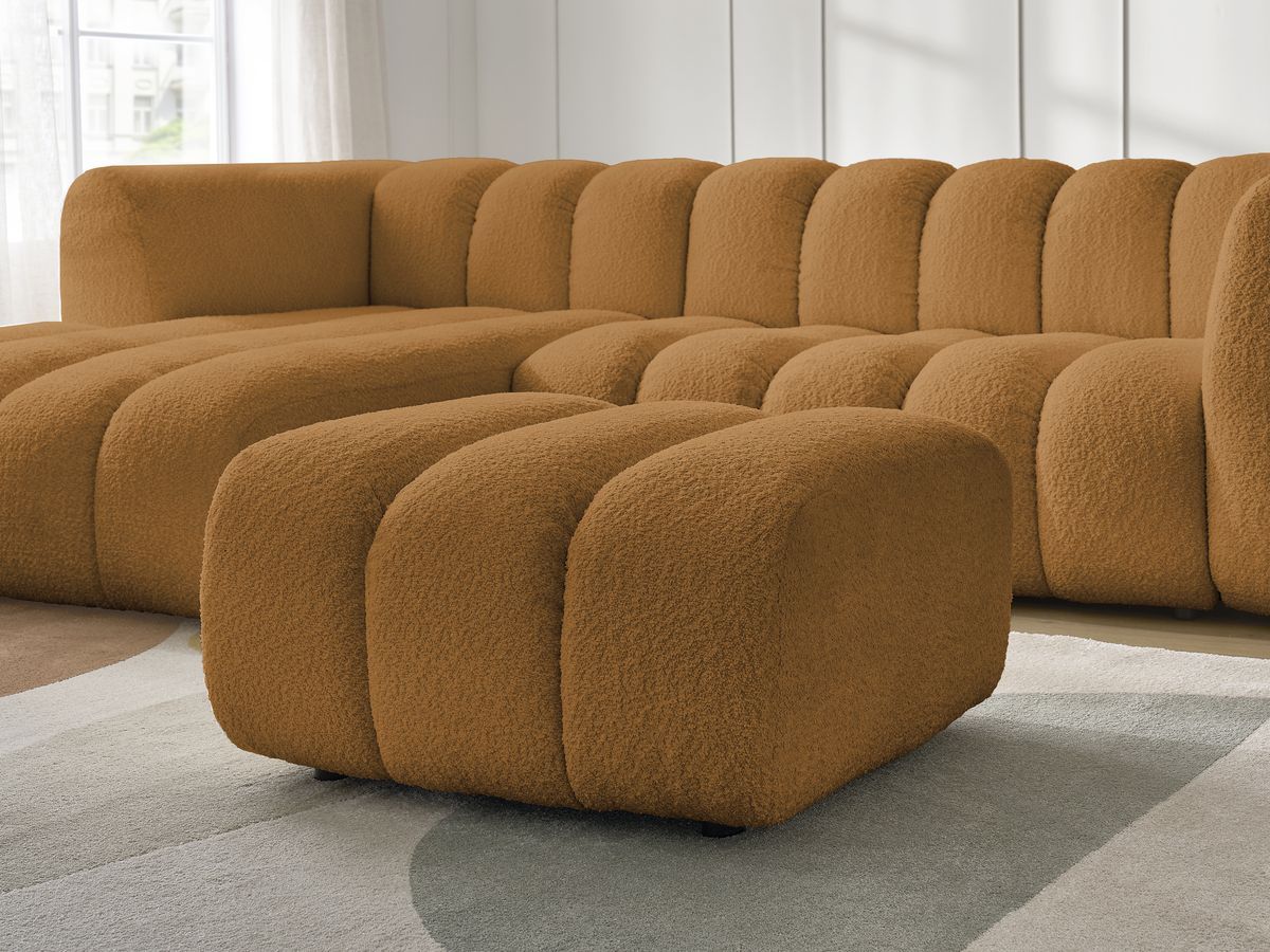 Canapé d'angle fixe TALIA tissu bouclette avec pouf - Angle gauche
