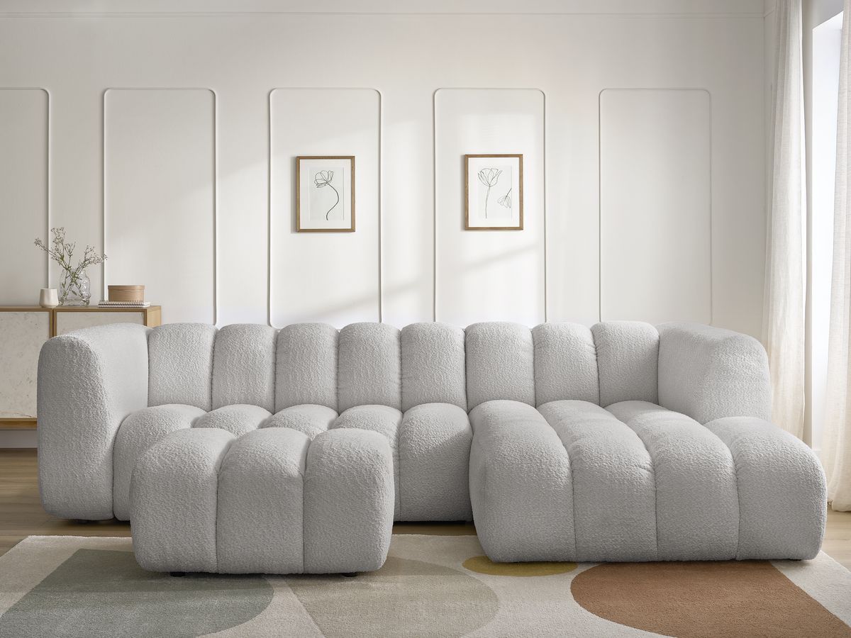 Canapé d'angle fixe TALIA tissu bouclette avec pouf - Angle droit