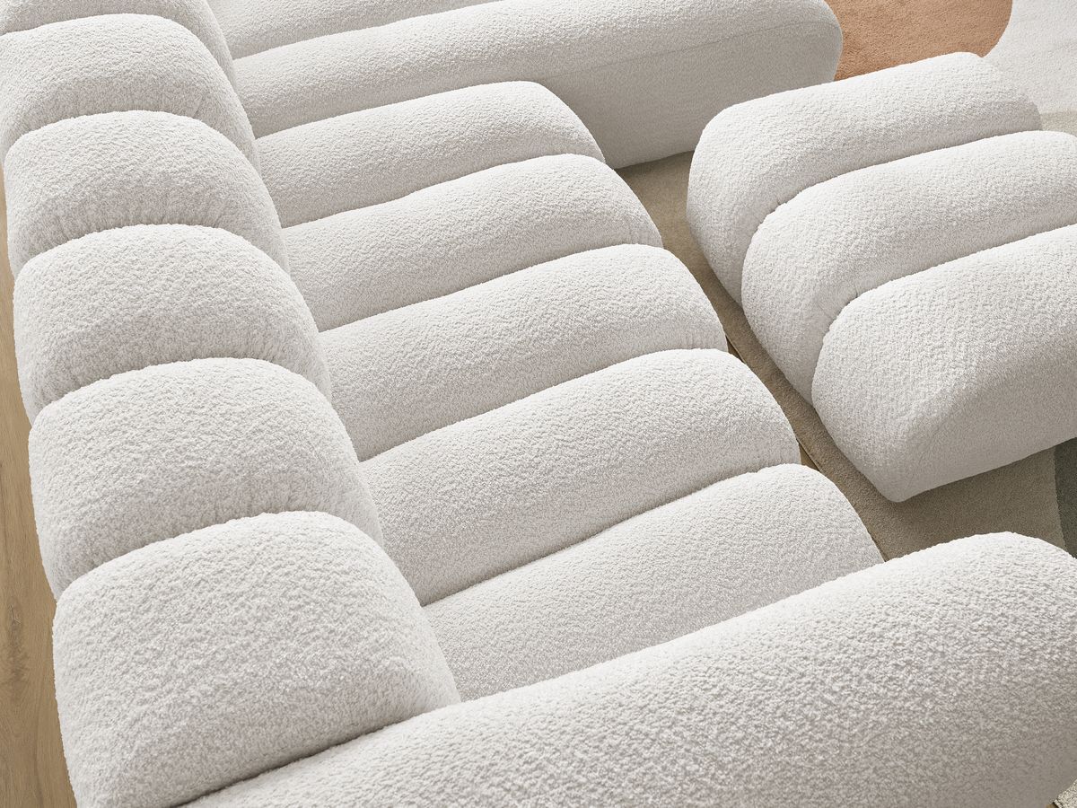 Canapé d'angle fixe TALIA tissu bouclette avec pouf - Angle droit
