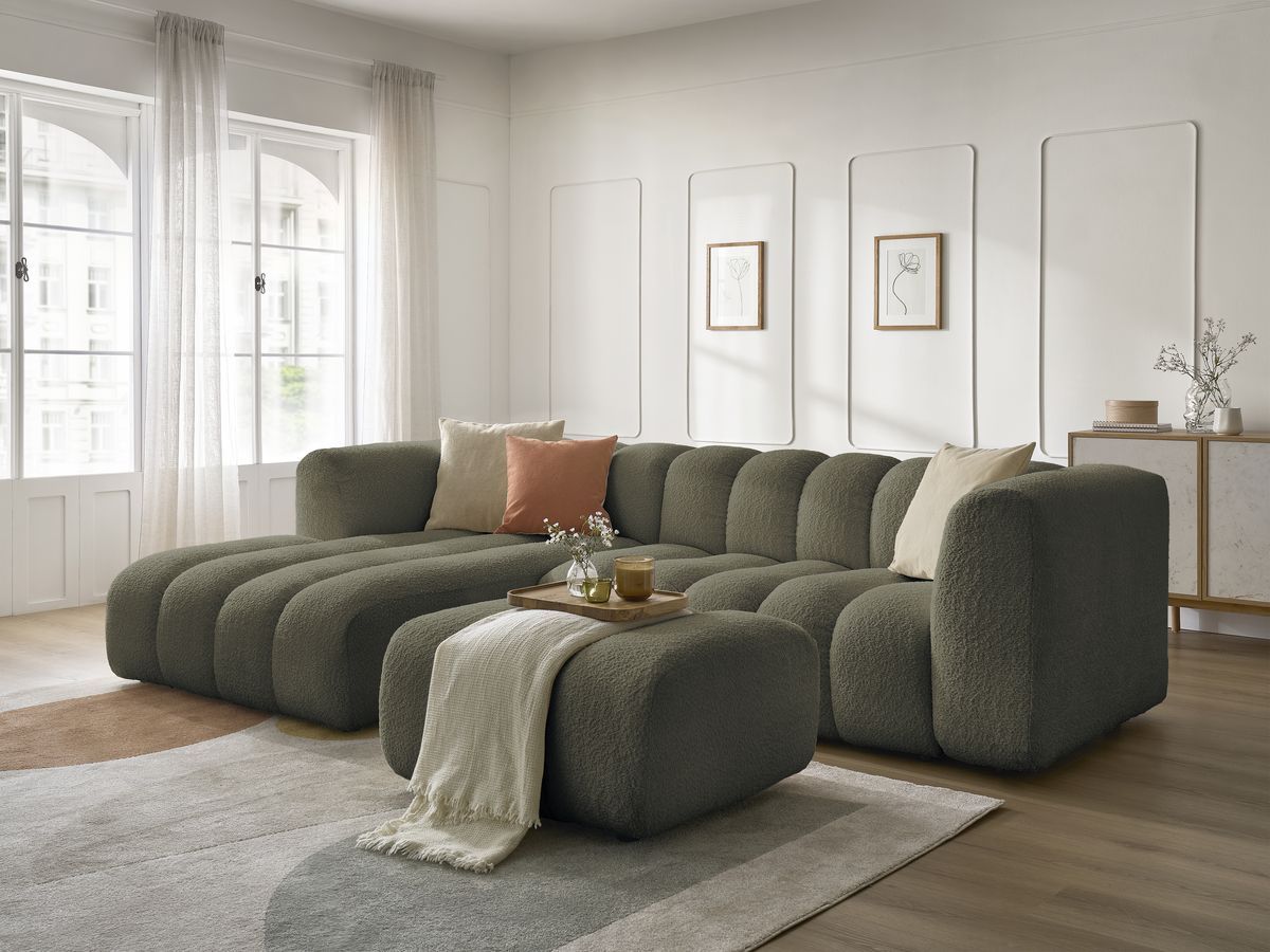 Canapé d'angle fixe TALIA tissu bouclette avec pouf - Angle gauche