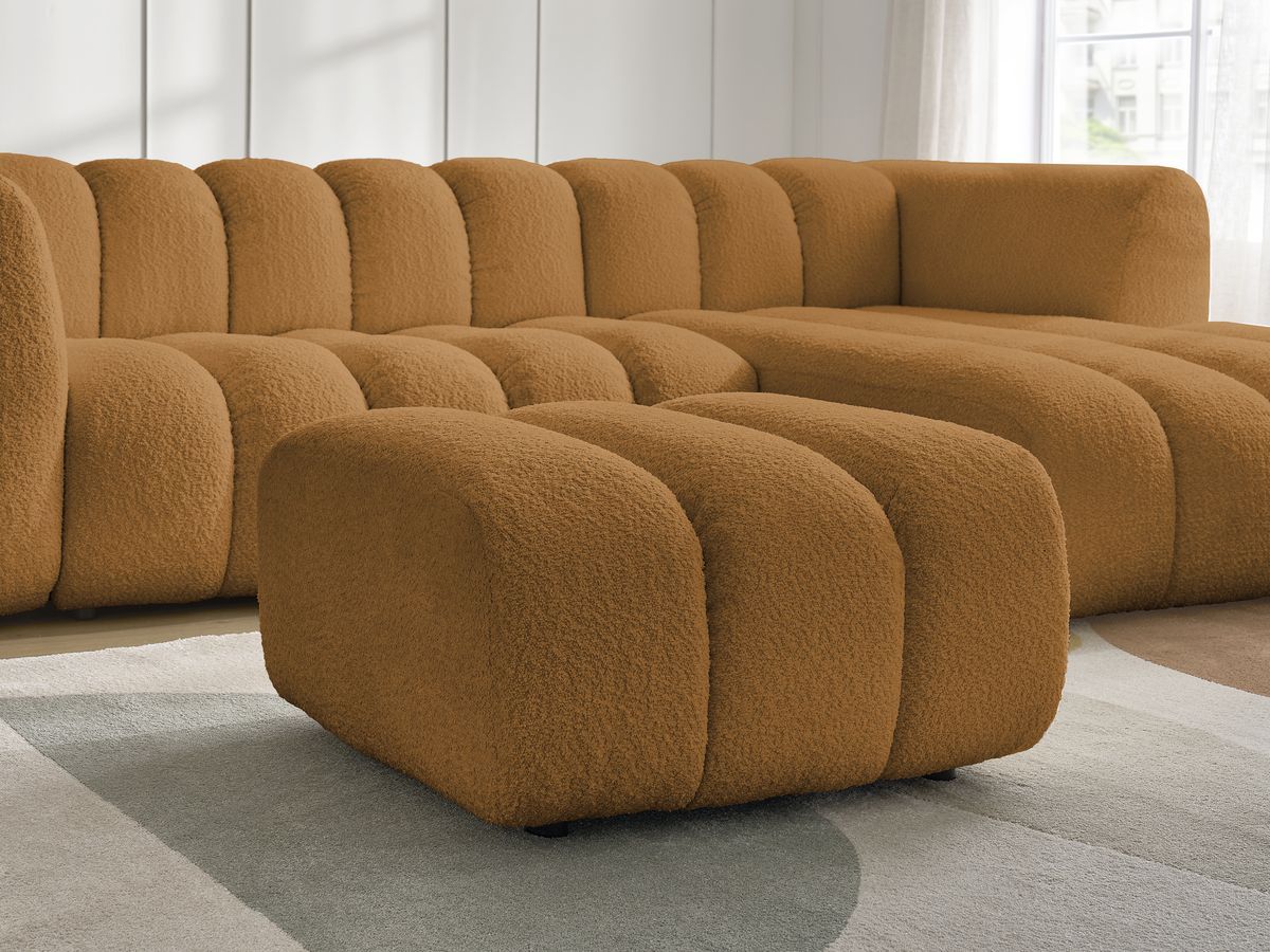 Canapé d'angle fixe TALIA tissu bouclette avec pouf - Angle droit