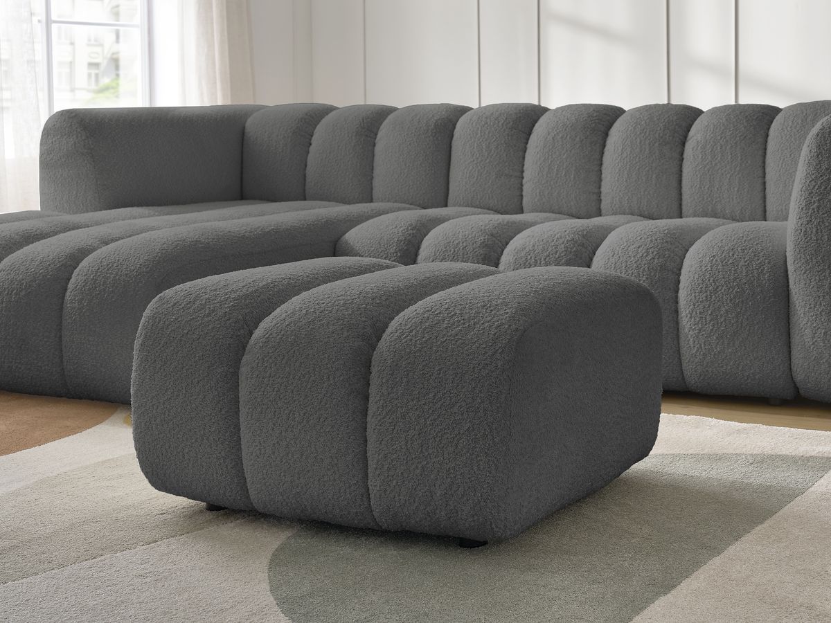 Canapé d'angle fixe TALIA tissu bouclette avec pouf - Angle gauche