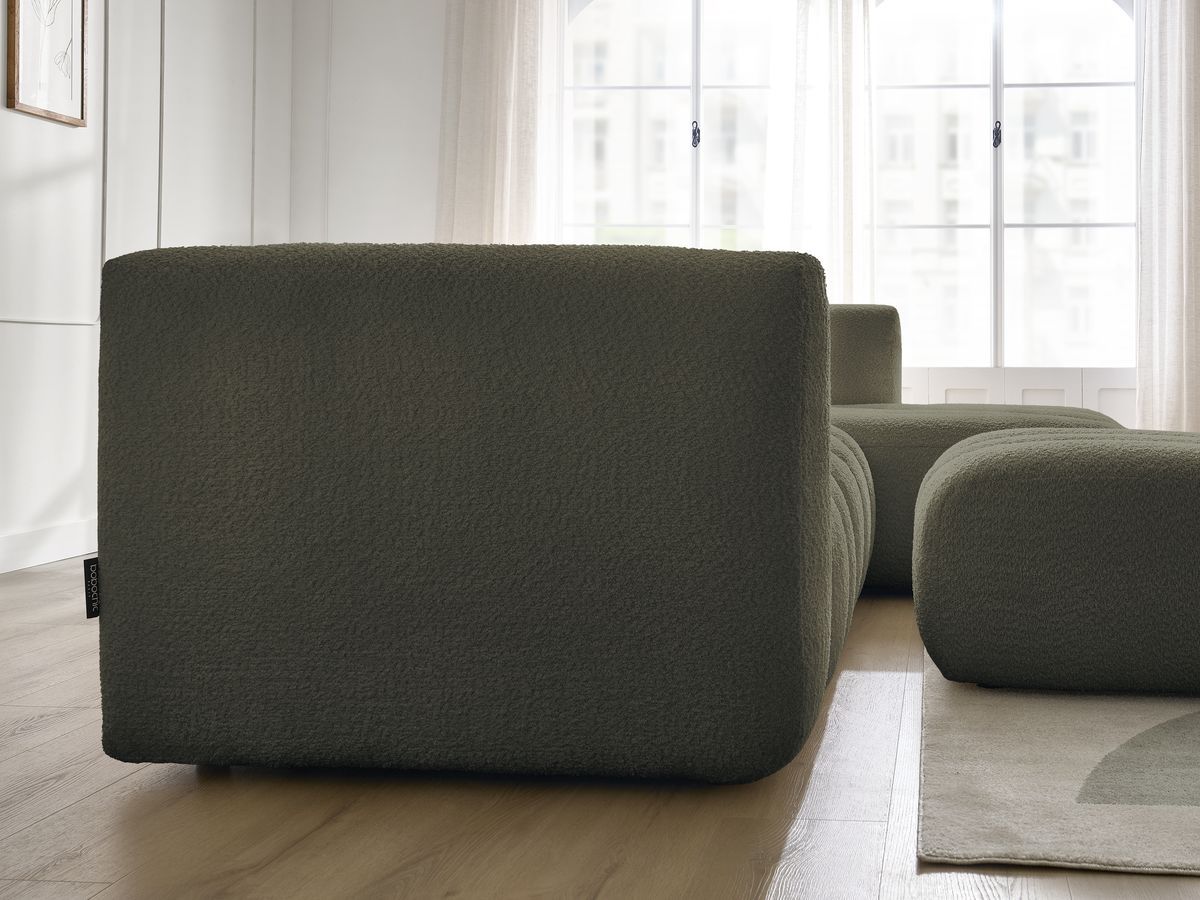Canapé d'angle fixe TALIA tissu bouclette avec pouf - Angle droit