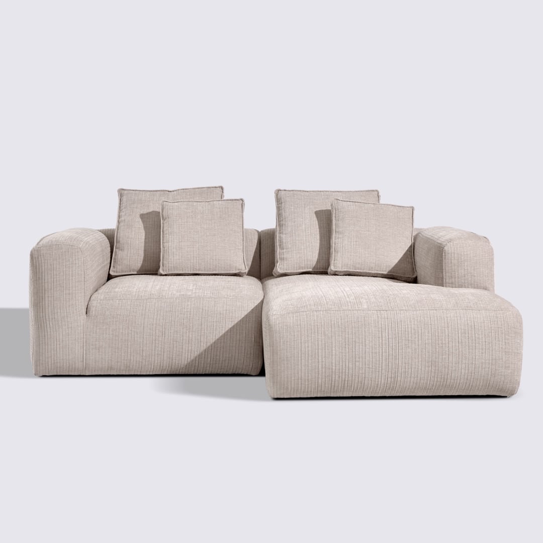 Canapé d'angle droit modulable 3 places en velours côtelé crème – Marbellia