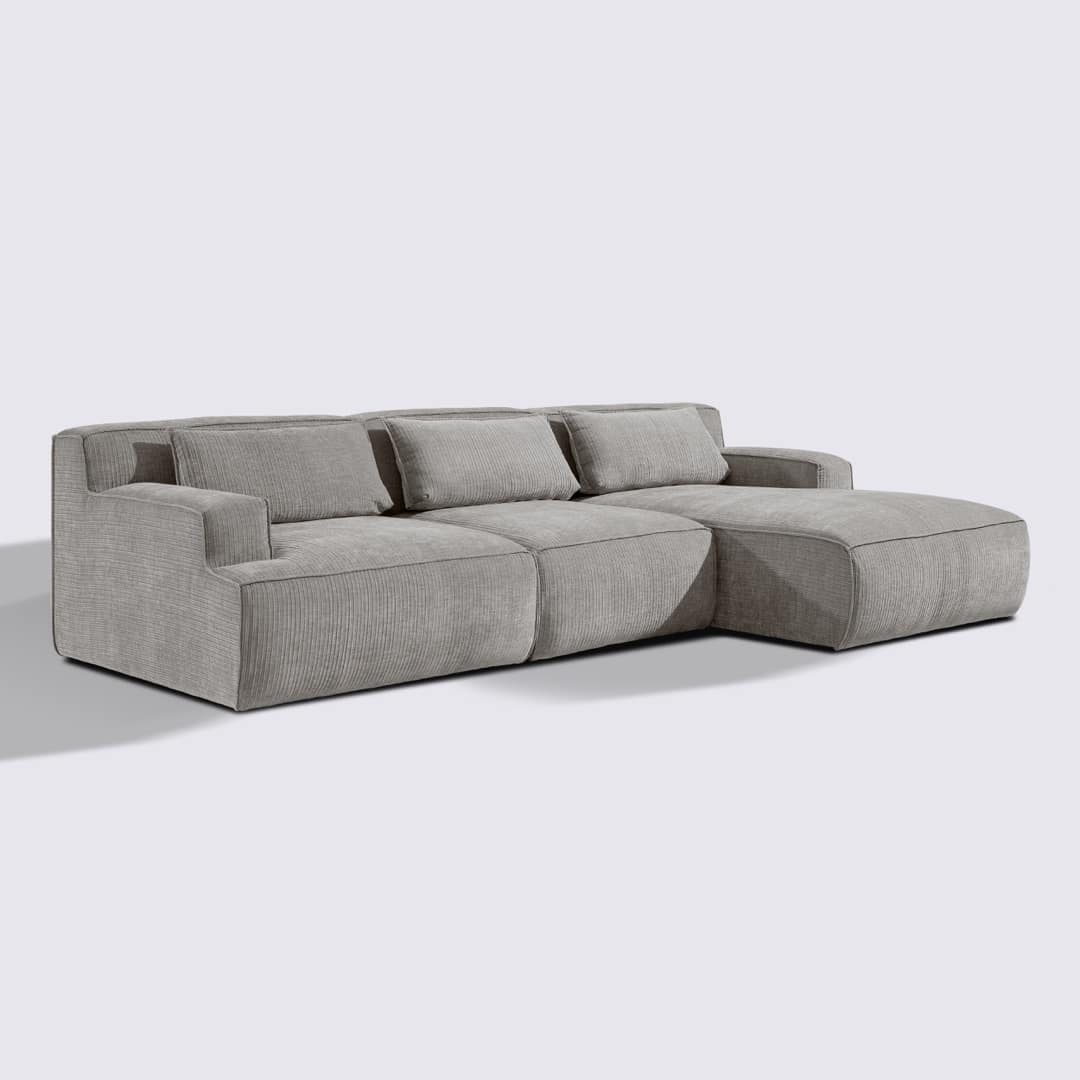 Canapé d'angle droit modulable 4 places en velours côtelé gris clair – Lorenzo