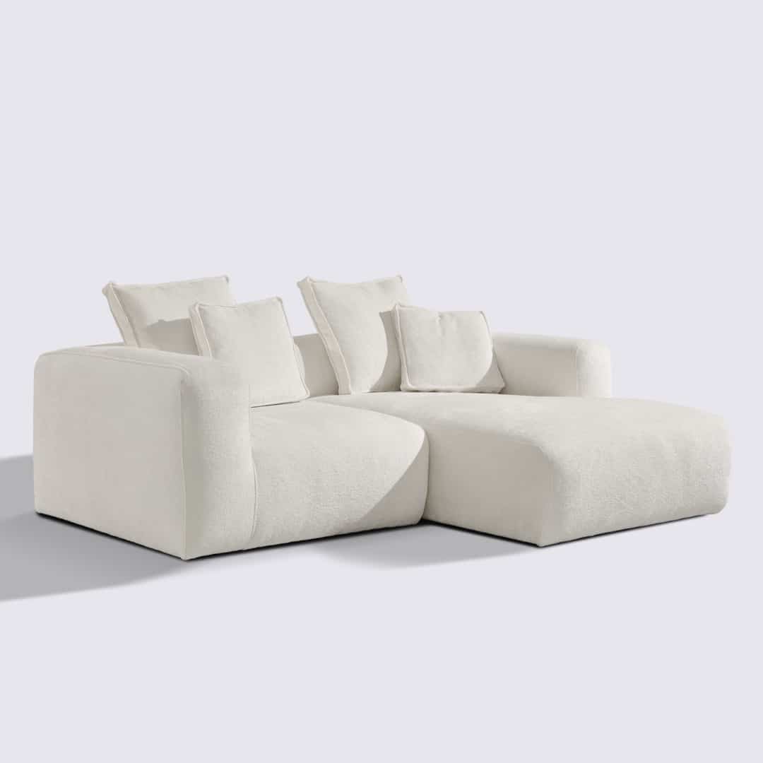 Canapé d'angle droit modulable 3 places en velours texturé blanc crème – Marbellia