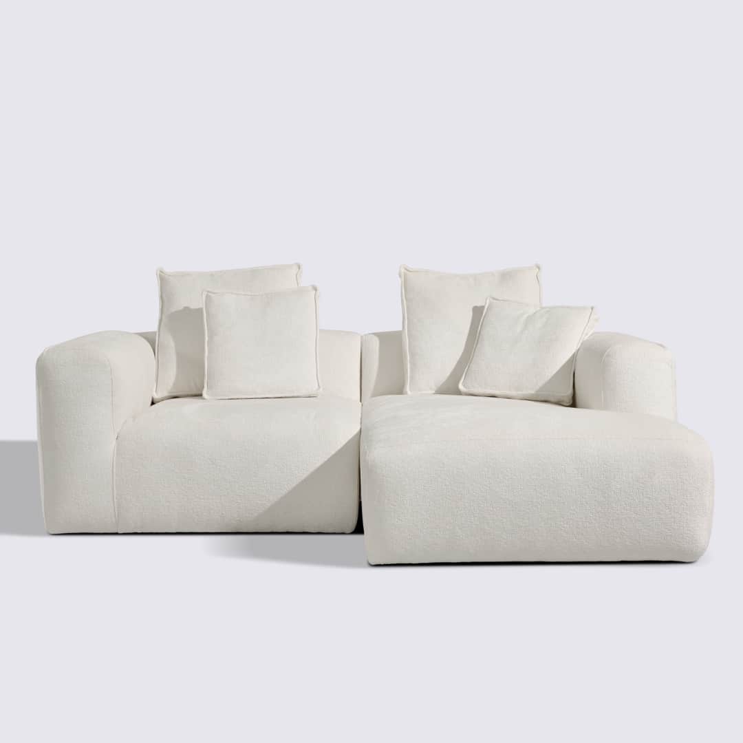 Canapé d'angle droit modulable 3 places en velours texturé blanc crème – Marbellia