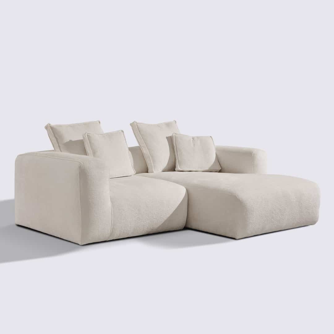 Canapé d'angle droit modulable 3 places en velours texturé crème – Marbellia
