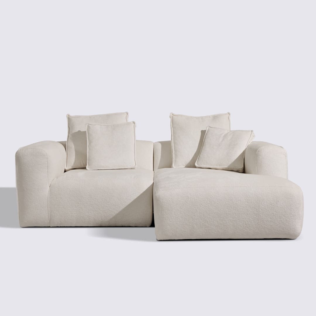 Canapé d'angle droit modulable 3 places en velours texturé crème – Marbellia