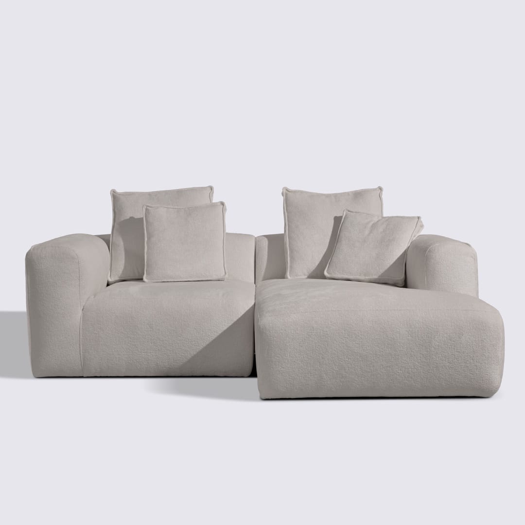 Canapé d'angle droit modulable 3 places en velours texturé taupe – Marbellia