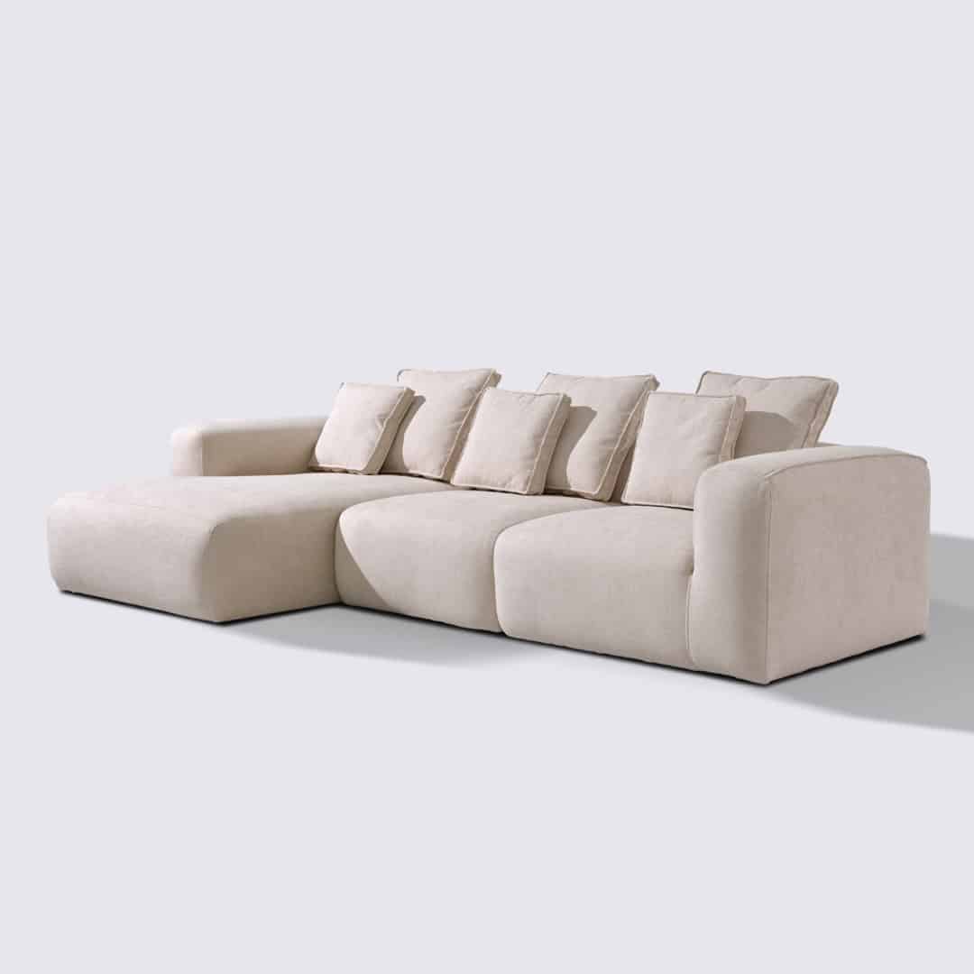 Canapé d'angle gauche modulable 4 places en tissu crème – Marbellia