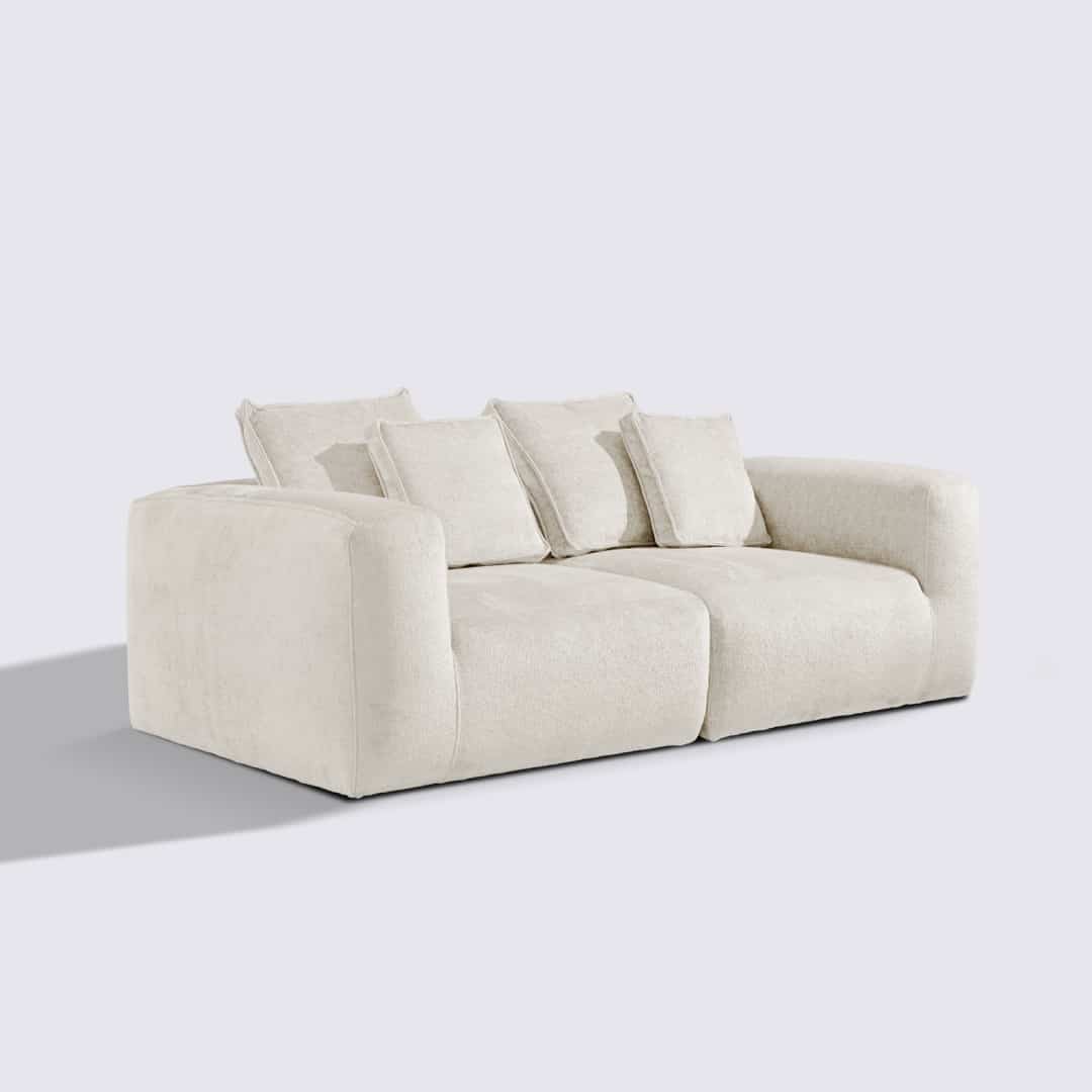 Canapé droit modulable 3 places en velours texturé blanc crème – Marbellia