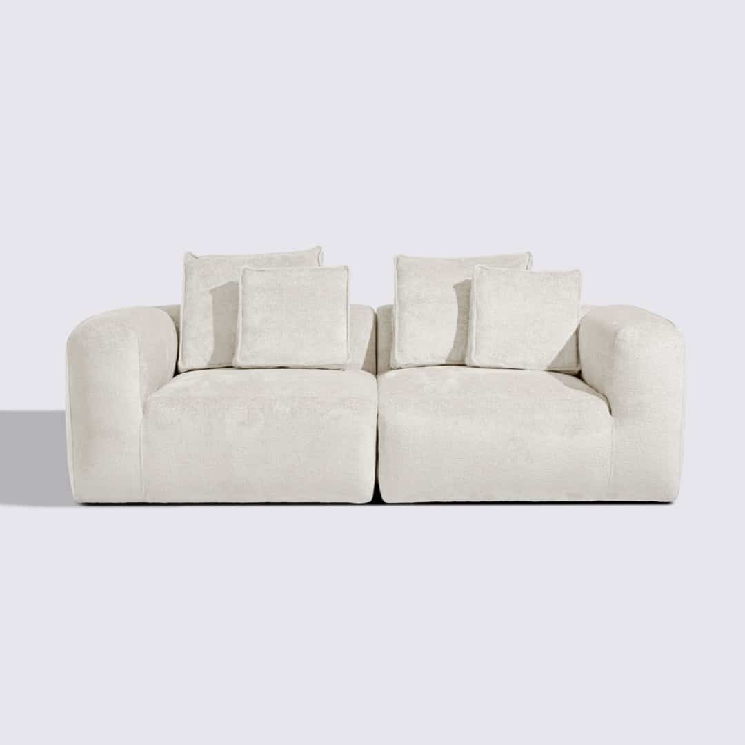 Canapé droit modulable 3 places en velours texturé blanc crème – Marbellia