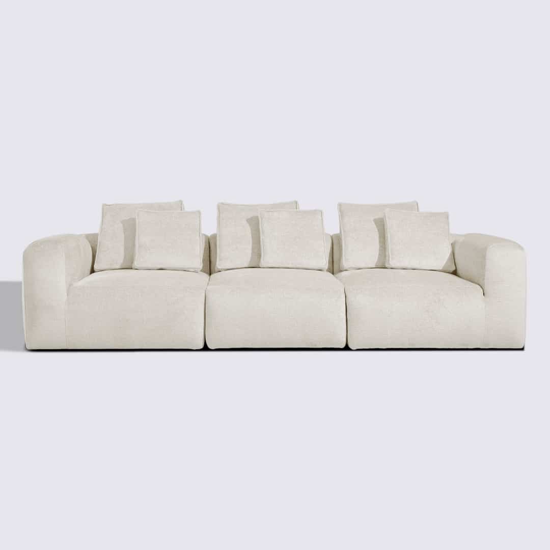 Canapé droit modulable 4 places en velours texturé blanc crème - Marbellia