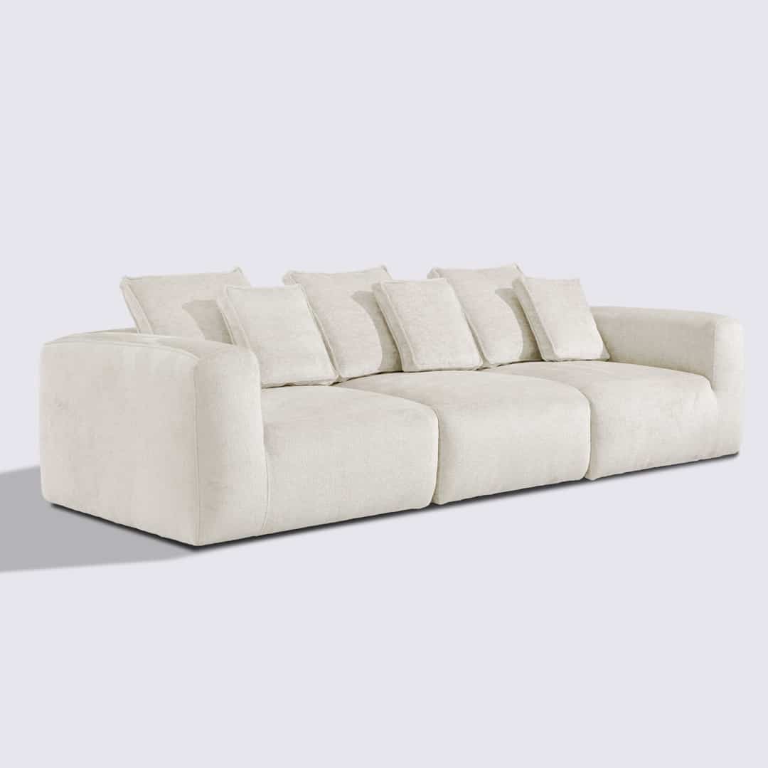 Canapé droit modulable 4 places en velours texturé blanc crème - Marbellia