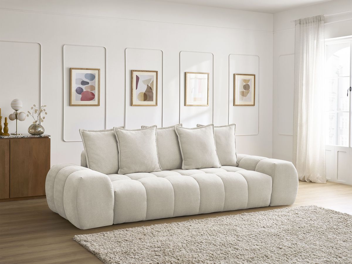 Canapé droit convertible coffre EVEREST tissu texturé - 5 coussins