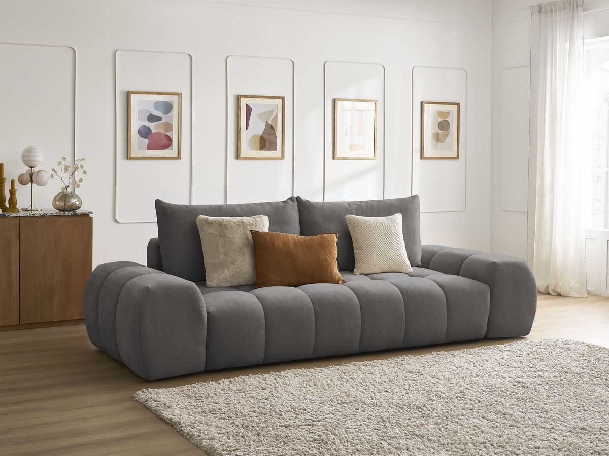 Canapé droit convertible coffre EVEREST tissu texturé - 2 coussins