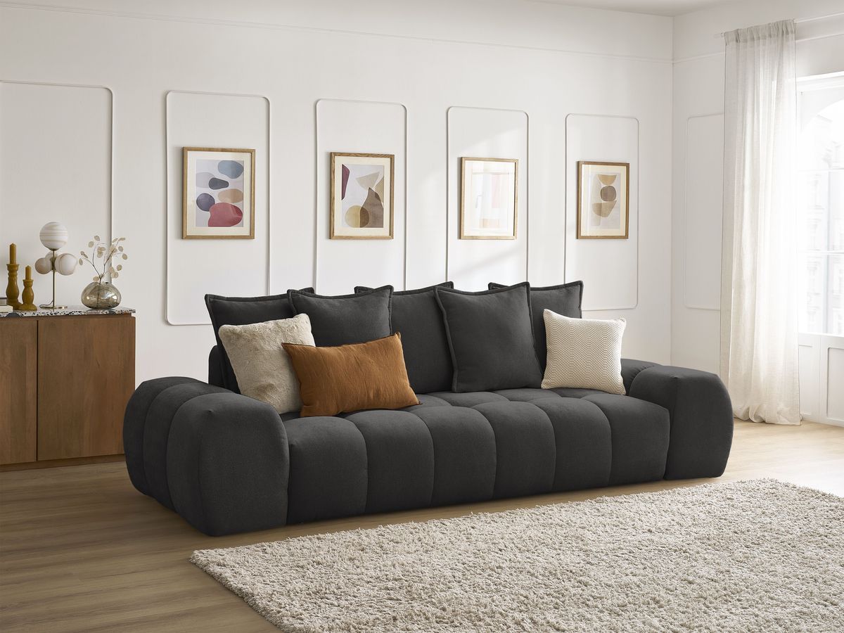 Canapé droit convertible coffre EVEREST tissu texturé - 5 coussins