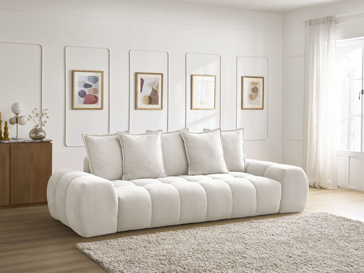 Canapé droit convertible coffre EVEREST tissu texturé - 5 coussins
